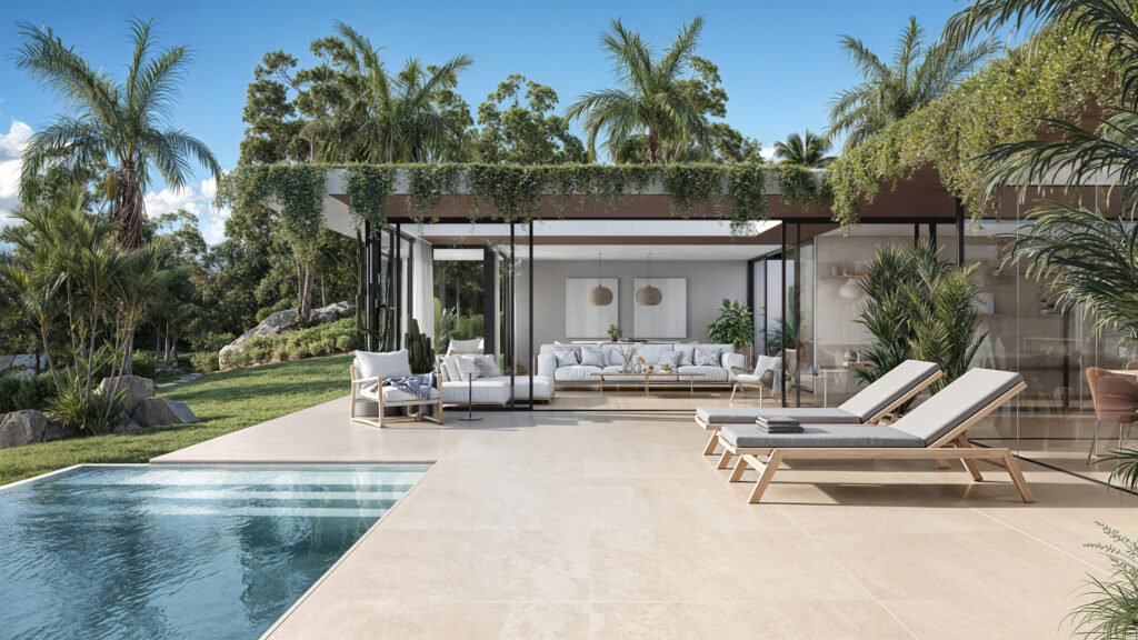 Visual 3D da piscina moderna com estilo clean e elementos minimalistas