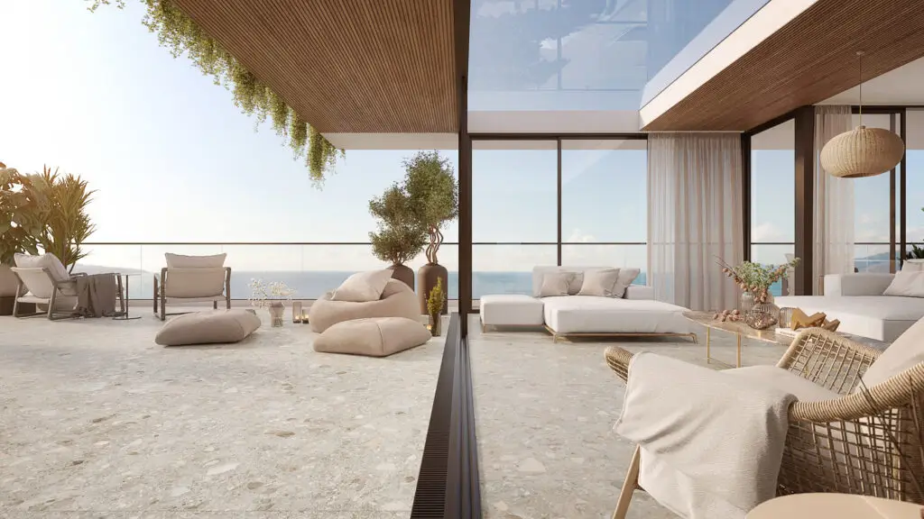 Living com sacada e vista para o mar com design moderno e minimalista, renderização 3d interna realista — Rednine Studio