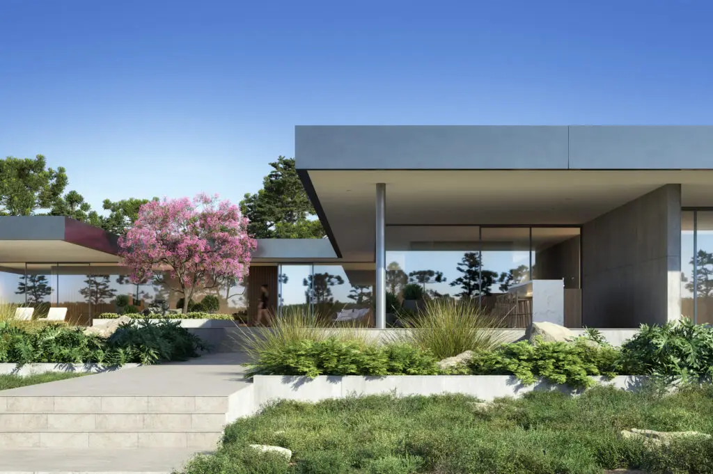 Render fachada de casa de campo iluminada pelo dia — projeto Rednine Studio