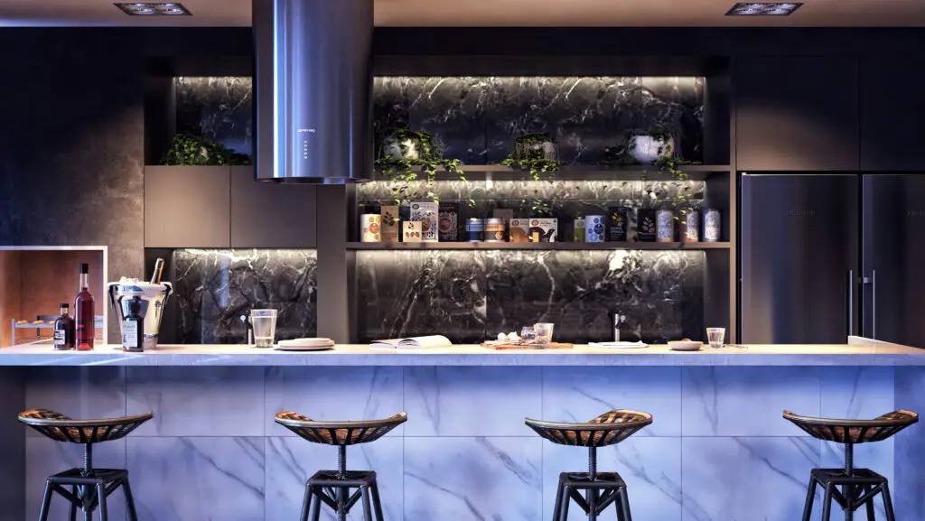 Render de espaço gourmet com iluminação noturna — Rednine Studio
