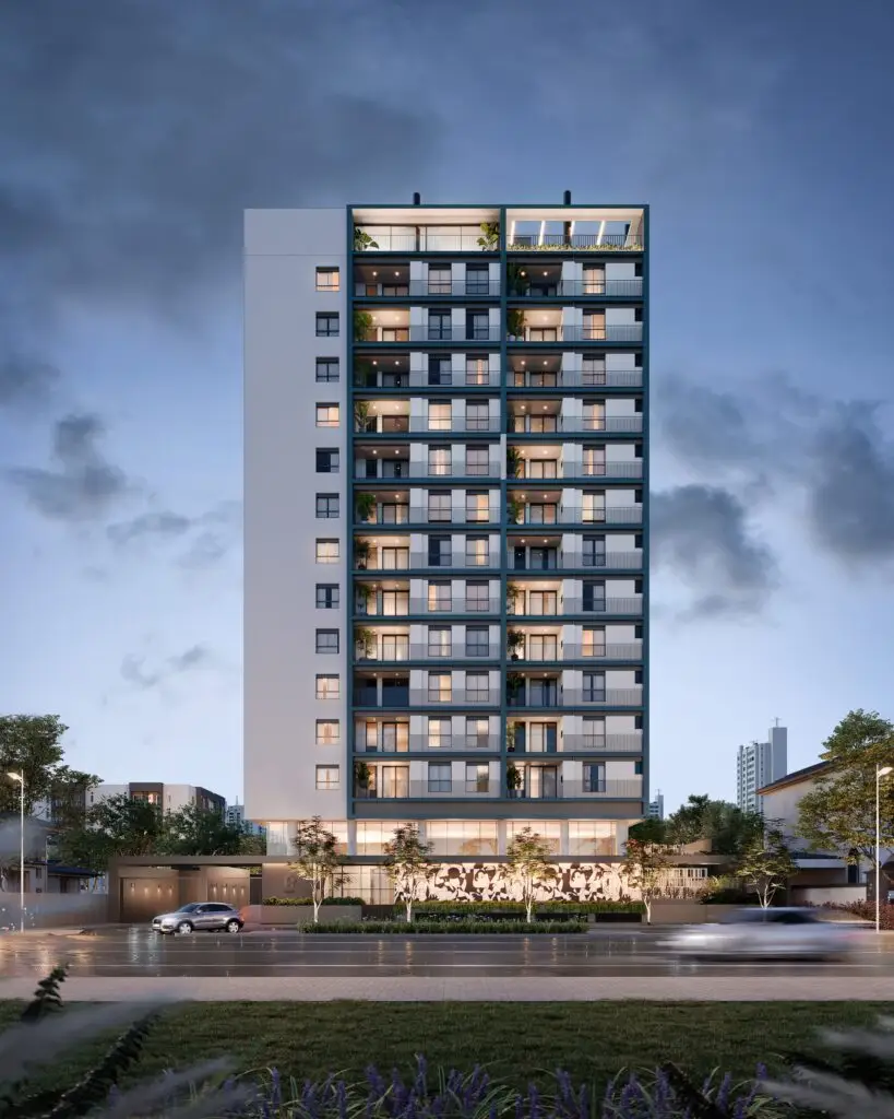 Perspectiva frontal de edifício moderno noturno bluehour — Rednine Studio