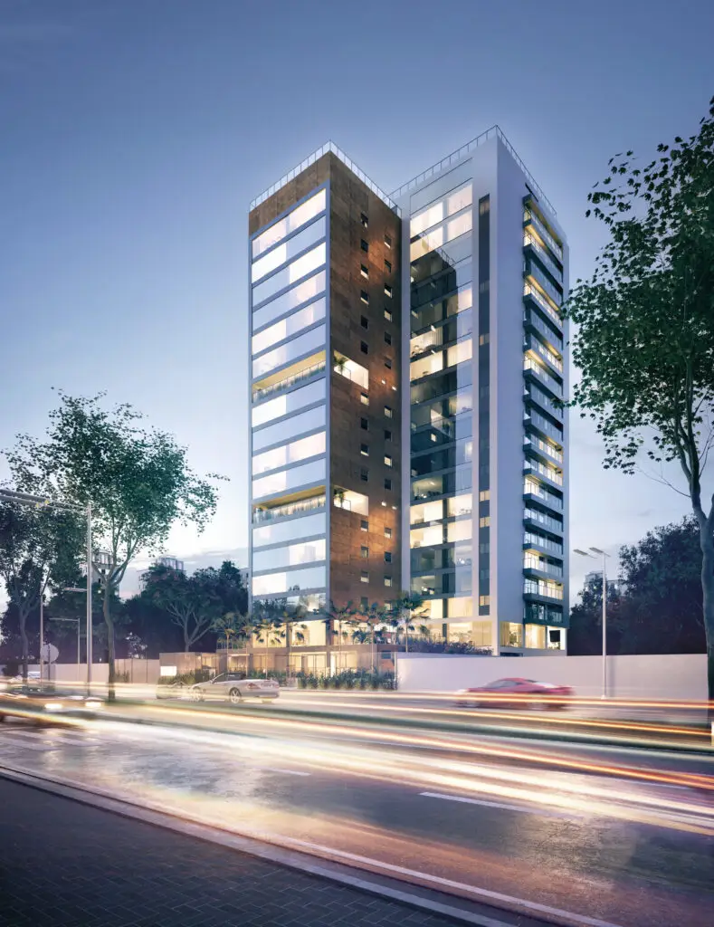 Render noturno de prédio residencial com iluminação de destaque — Rednine Studio
