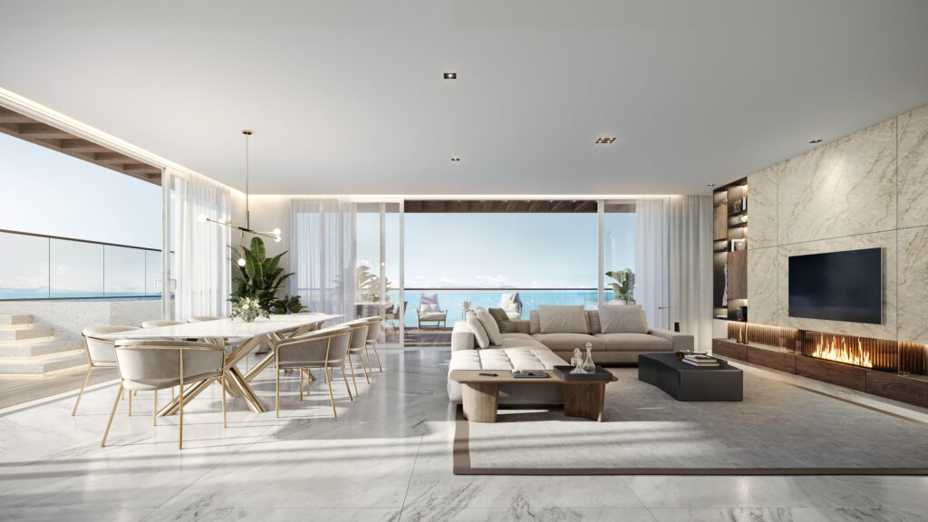Imagem 3D living moderno diurna Rednine studio