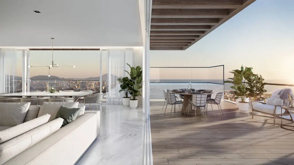Living e sacada integrados com piscina sunset fim de tarde — Rednine Studio