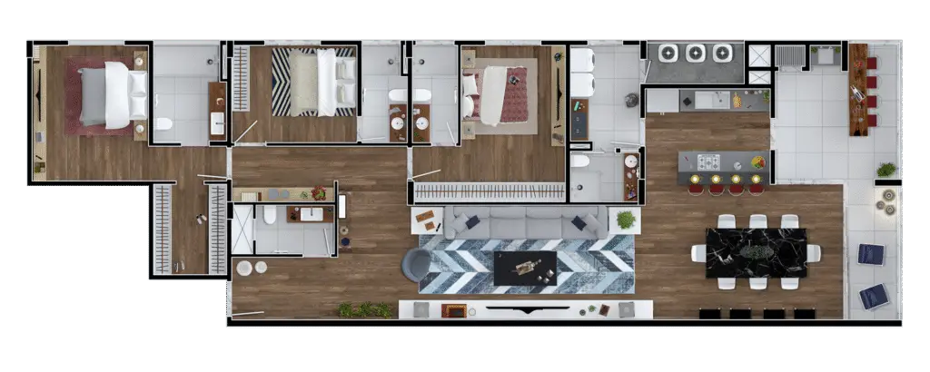 Layout em 3D de planta de apartamento tipo com design moderno — Rednine Studio