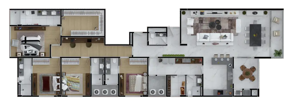 planta humanizada 3D de apartamento tipo alto padrão — Rednine Studio