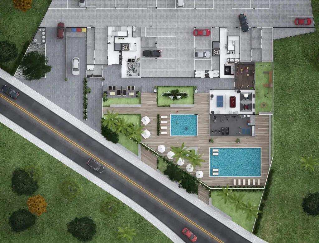 implantação 3D de área comum de empreendimento — Rednine Studio