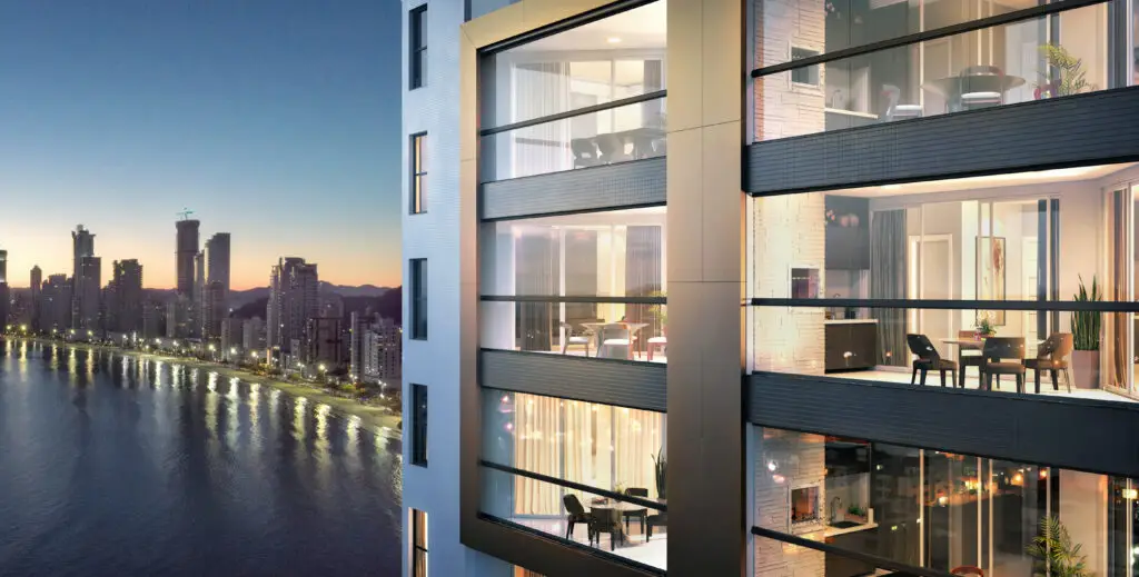 Vista aérea noturna voo de pássaro sacada empreendimento residencial — Rednine Studio