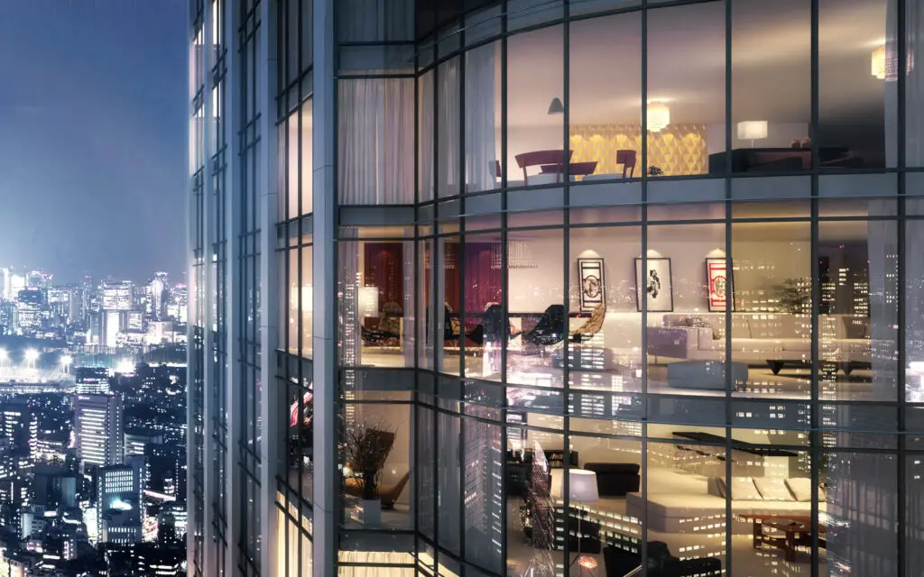 Renderização noturna aérea estilo voo de pássaro de um imóvel de alto padrão — Rednine Studio