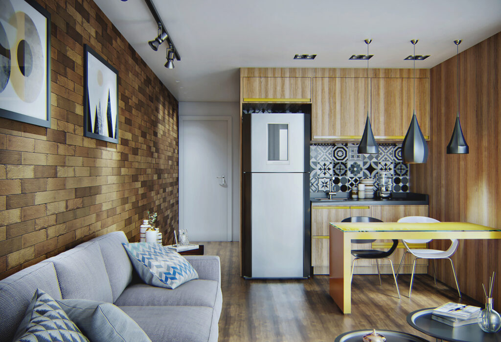 Render de interior aconchegante em clima de inverno — projeto Rednine Studio