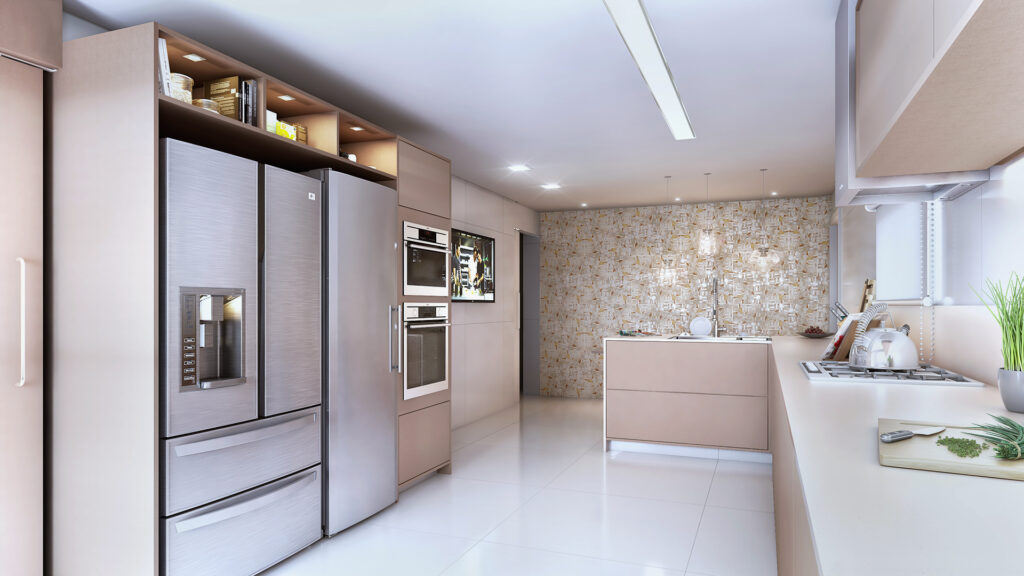 Visualização 3D de cozinha contemporânea com acabamento em madeira — Rednine Studio