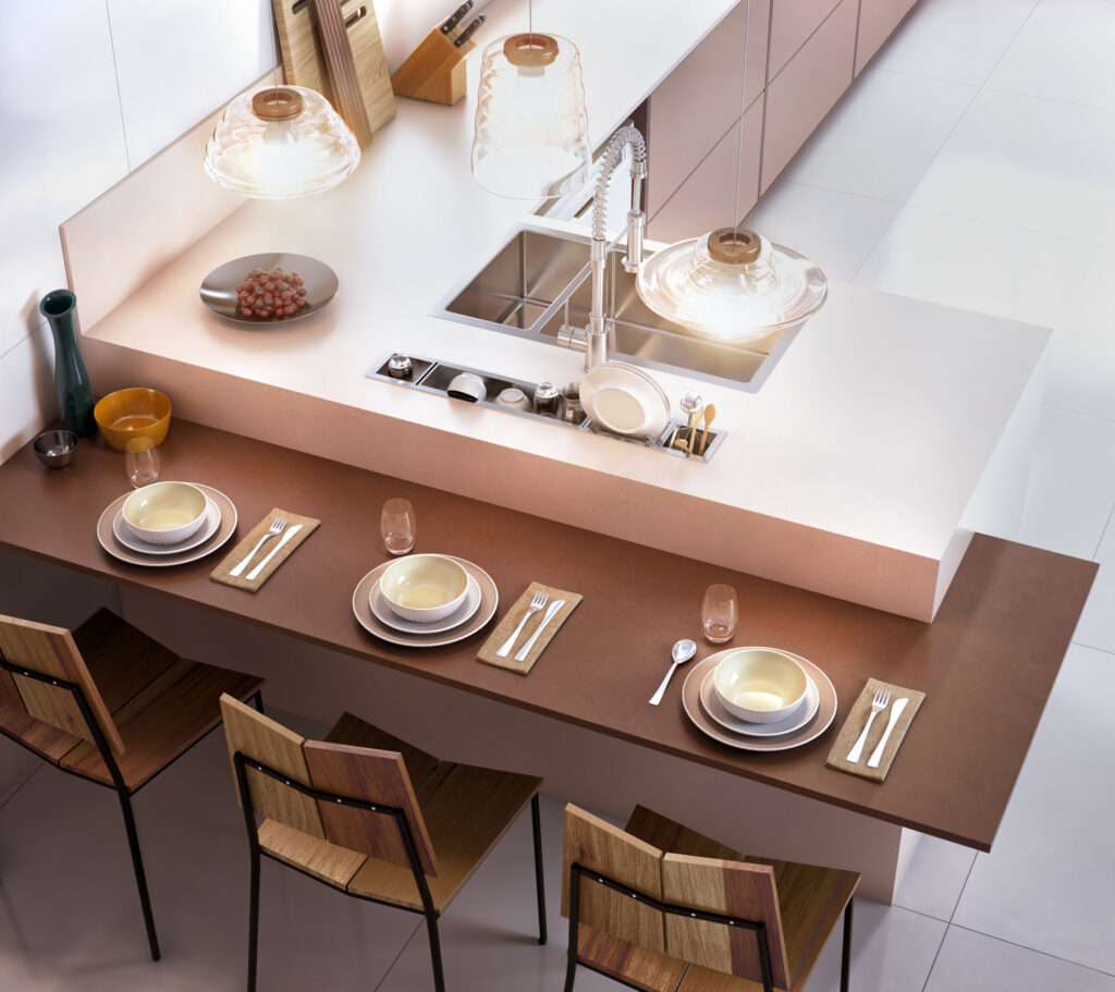Close-up da bancada da cozinha com iluminação planejada — render Rednine Studio