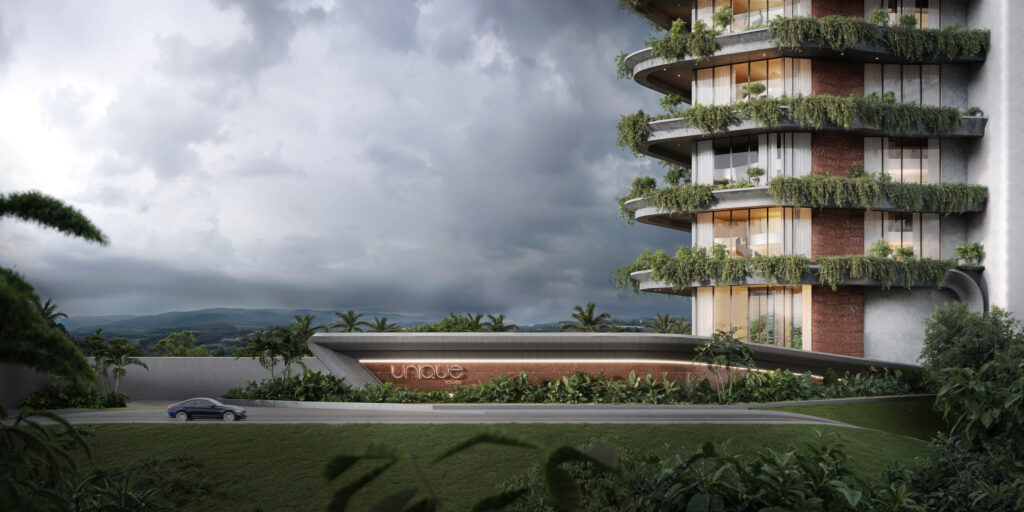 Renderização entrada empreendimento residencial clima dramático — Rednine Studio