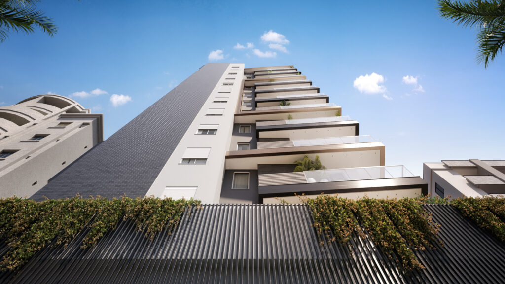 Detalhe angulo fachada diurna olhando de baixo para cima — Rednine Studio