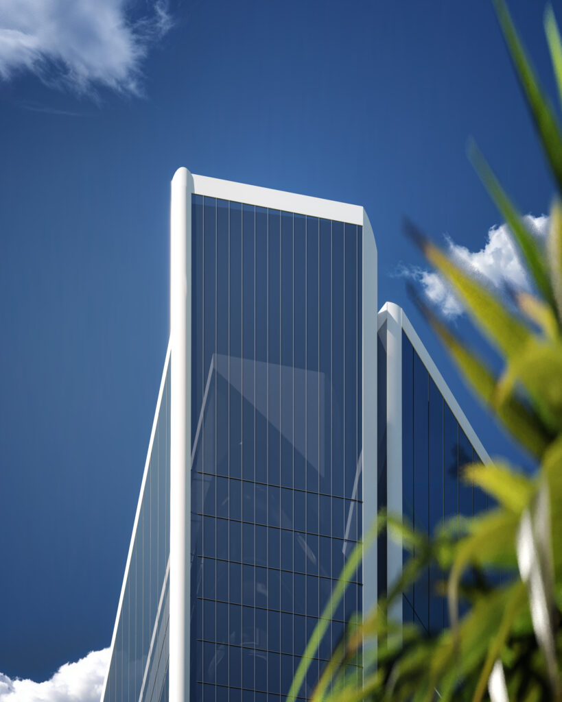 Fachada em vidro de edifício comercial alto padrão — Rednine Studio