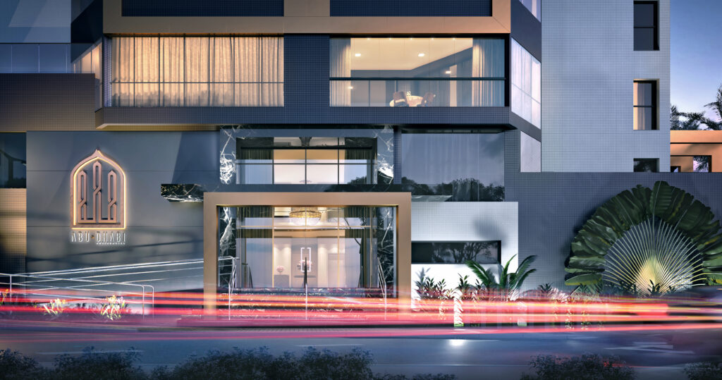 Render noturno do embasamento principal edifício abu dhabi Indaial— Rednine Studio