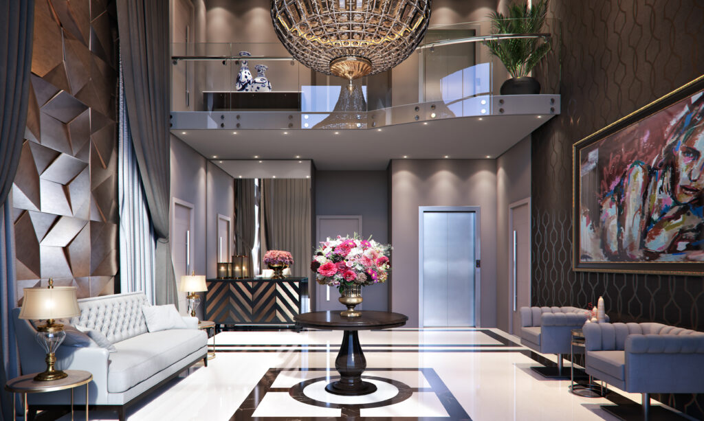 Imagem 3D Hall Social Abu dhabi Indaial projeto Rednine studio