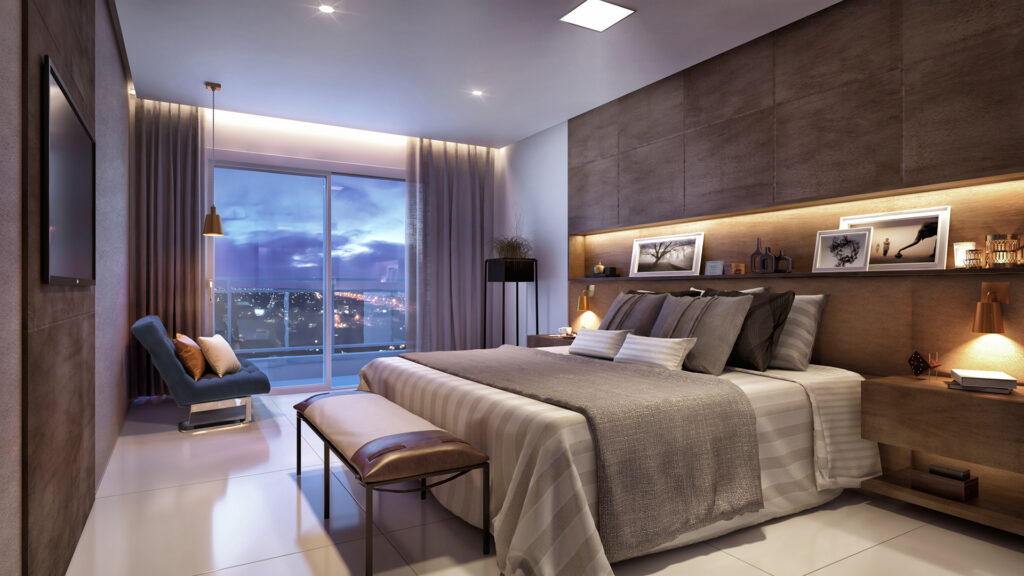 Render interno de suíte casal com design minimalista e decoração contemporânea — Rednine Studio